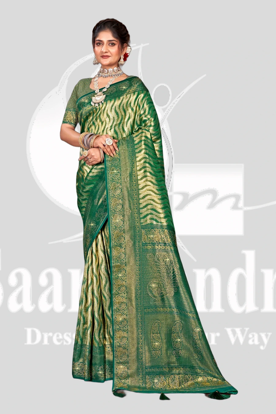 Silk - Dark Green Saree with Rich Zari Woven Border - Fancy Meet